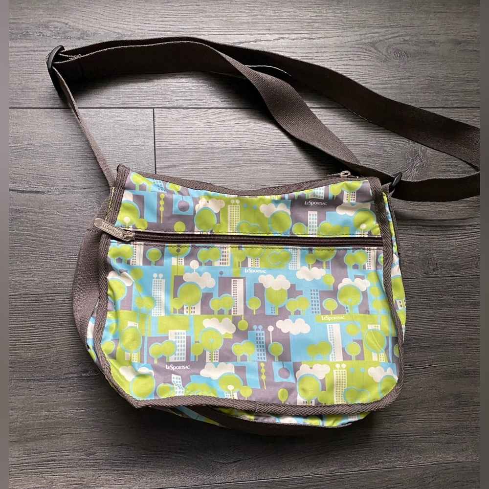 Lesportsac Hobo City Clouds Trees Handbag Nylon Shoulder Bag Purse Gray Green
